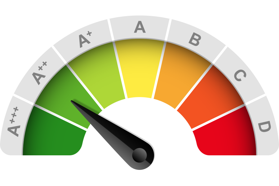 an epc themed gauge with a black needle and black arrow suggesting how a landlord could increase their epc rating