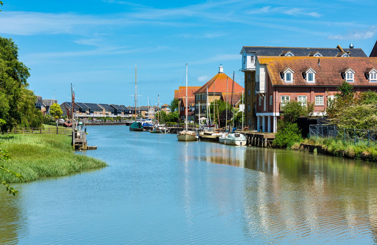 Faversham Creek with boats and historic houses