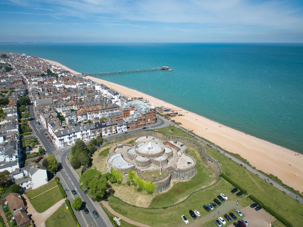 Aerial view of Deal seafront with Deal Castle and the pier