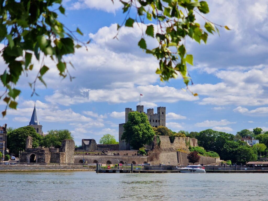 Rochester Castle and Cathedral spire seen across the River Medway
