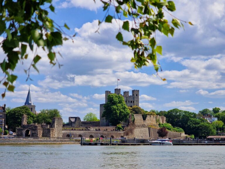 Rochester Castle and Cathedral spire seen across the River Medway